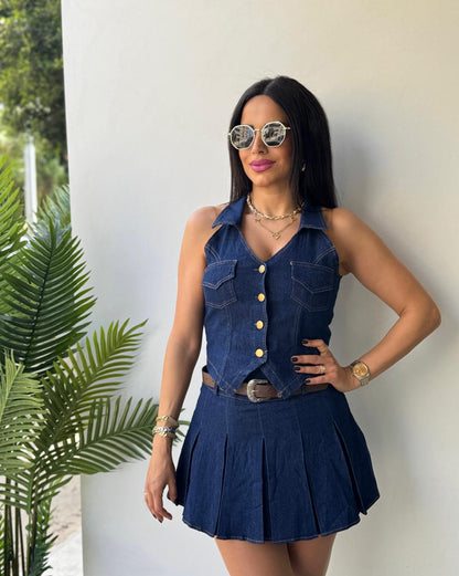 Pleated Skirt & Buttoned Vest set