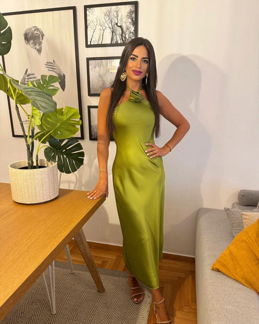 Twist Neck Satin Midi Dress
