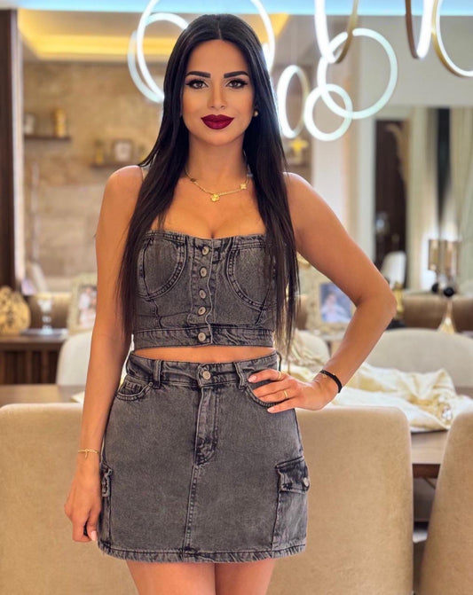 Washed Denim Corset Set