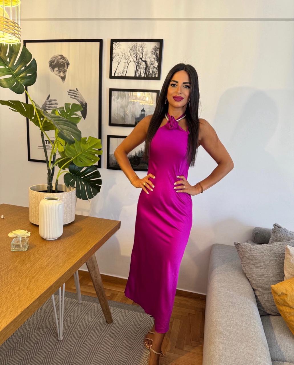 Twist Neck Satin Midi Dress